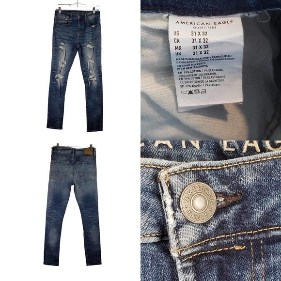 American Eagle AE Skinny Jeans Flex Mens Size 31x32 Dark Wash Distressed - Picture 1 of 13